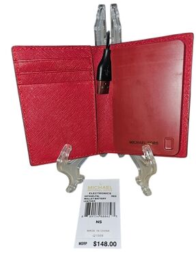 NWT Michael Kors Red Saffiano Leather Power Bank Wallet Tech Charger $148